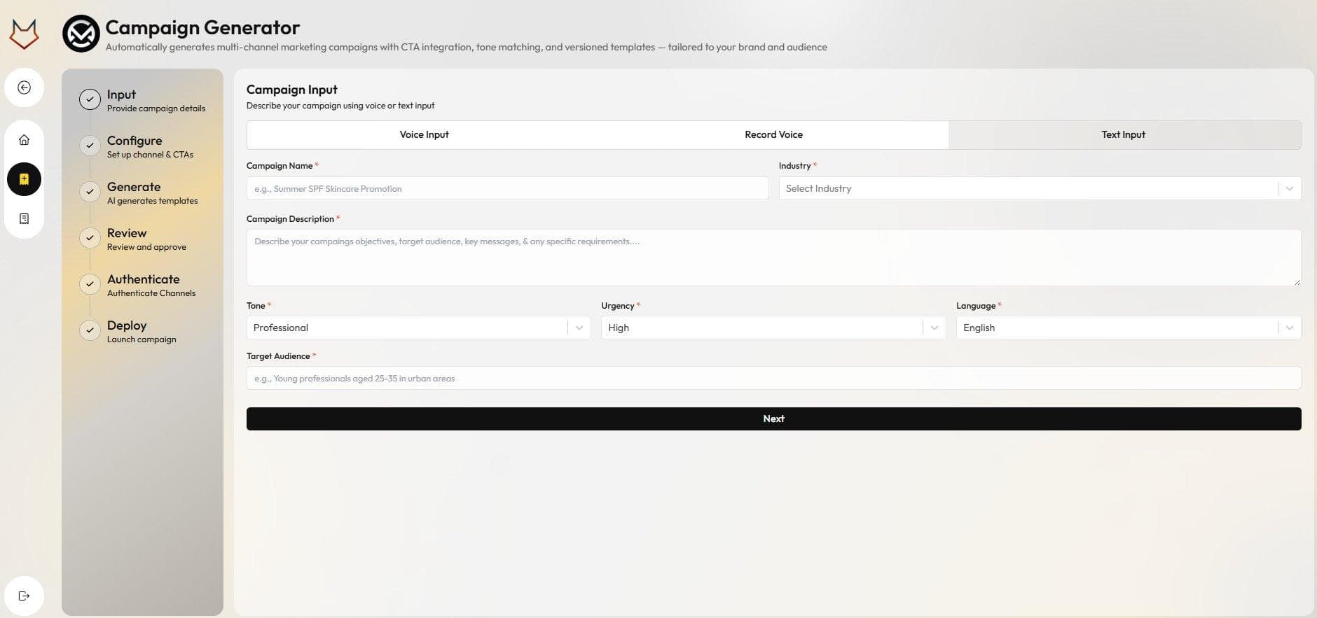Campaign Generator dashboard with campaign volume, average creation time, and channel-level performance