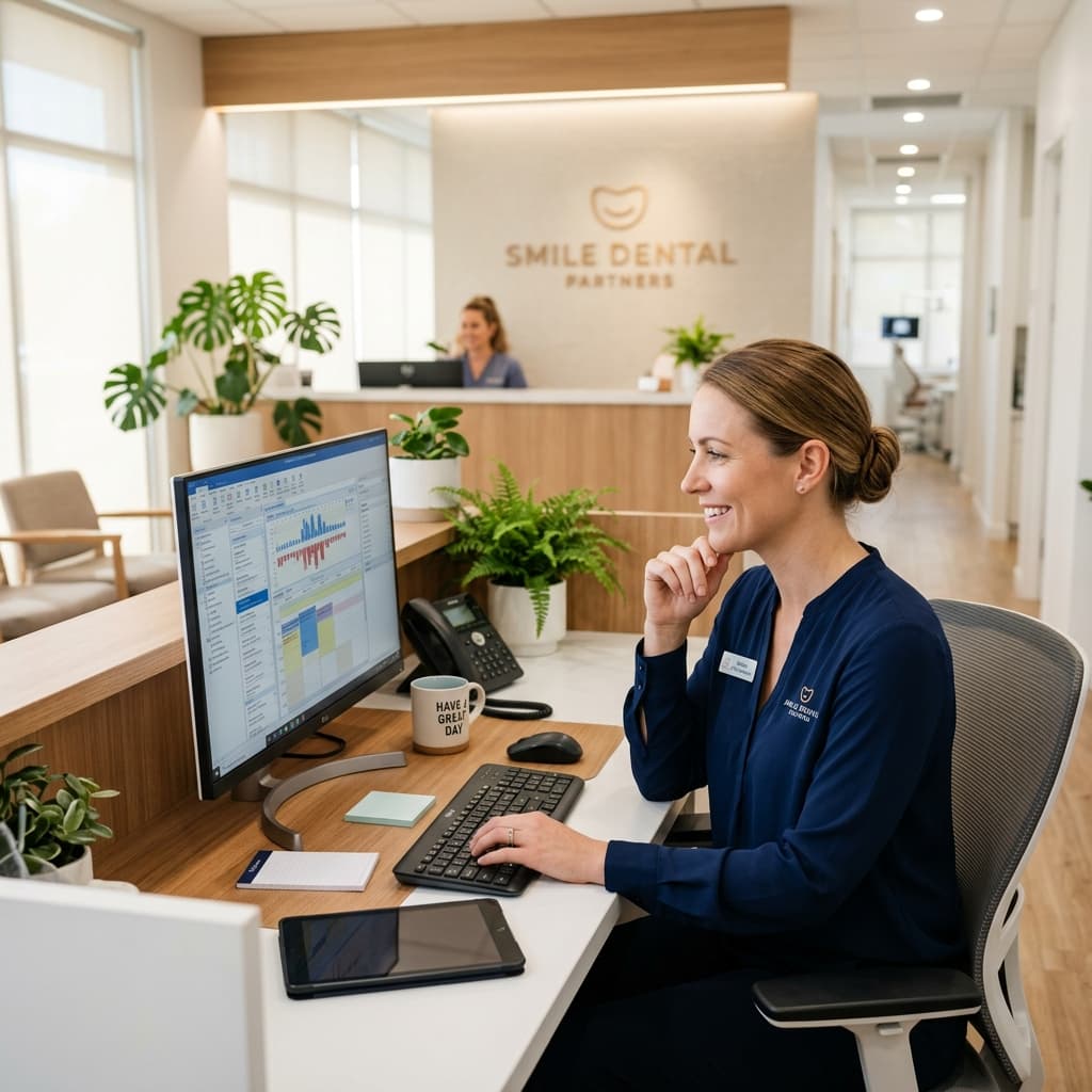 Front office team member reviewing a color-coded appointment calendar on a monitor