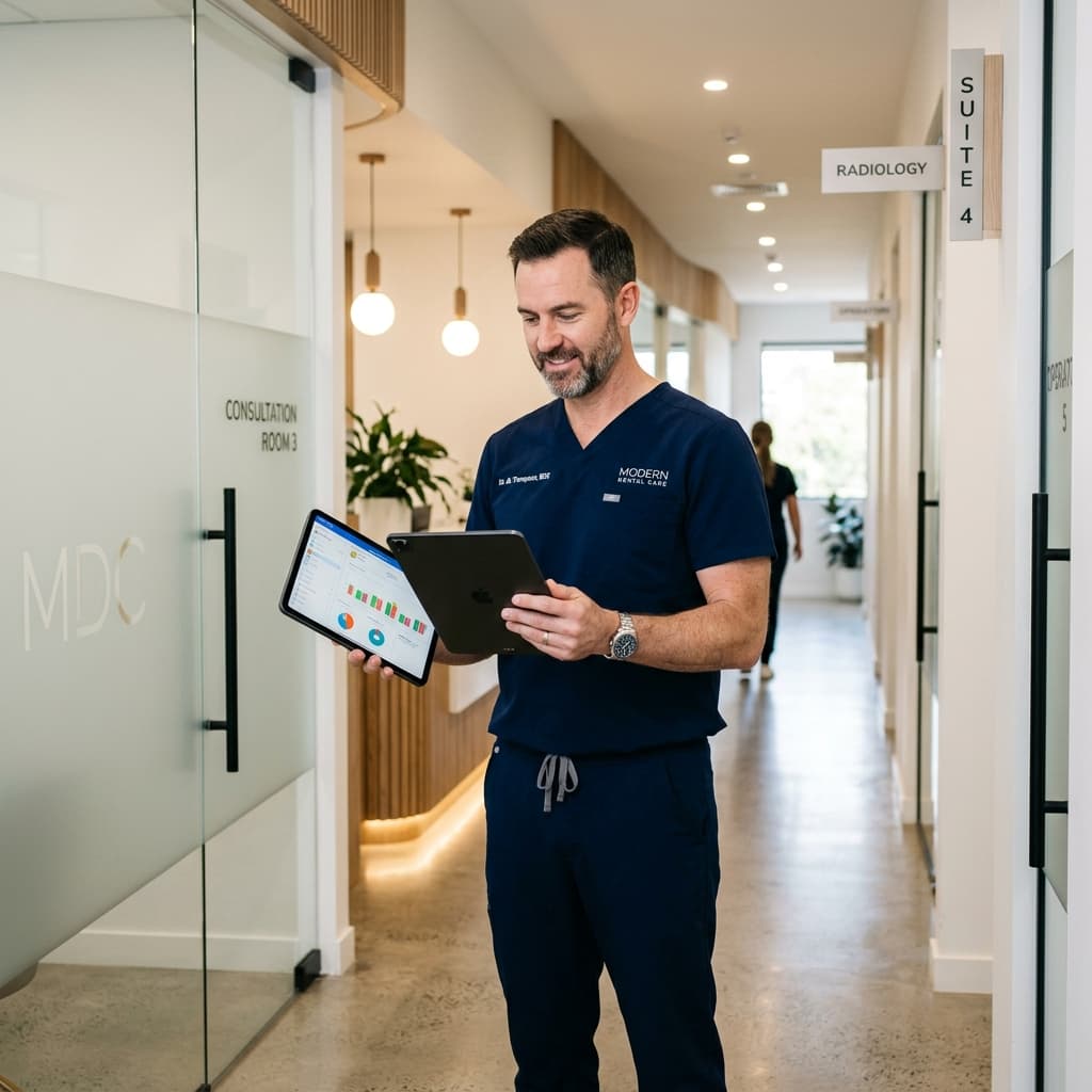Dentist in navy scrubs reviewing patient information on a tablet in a clinic hallway