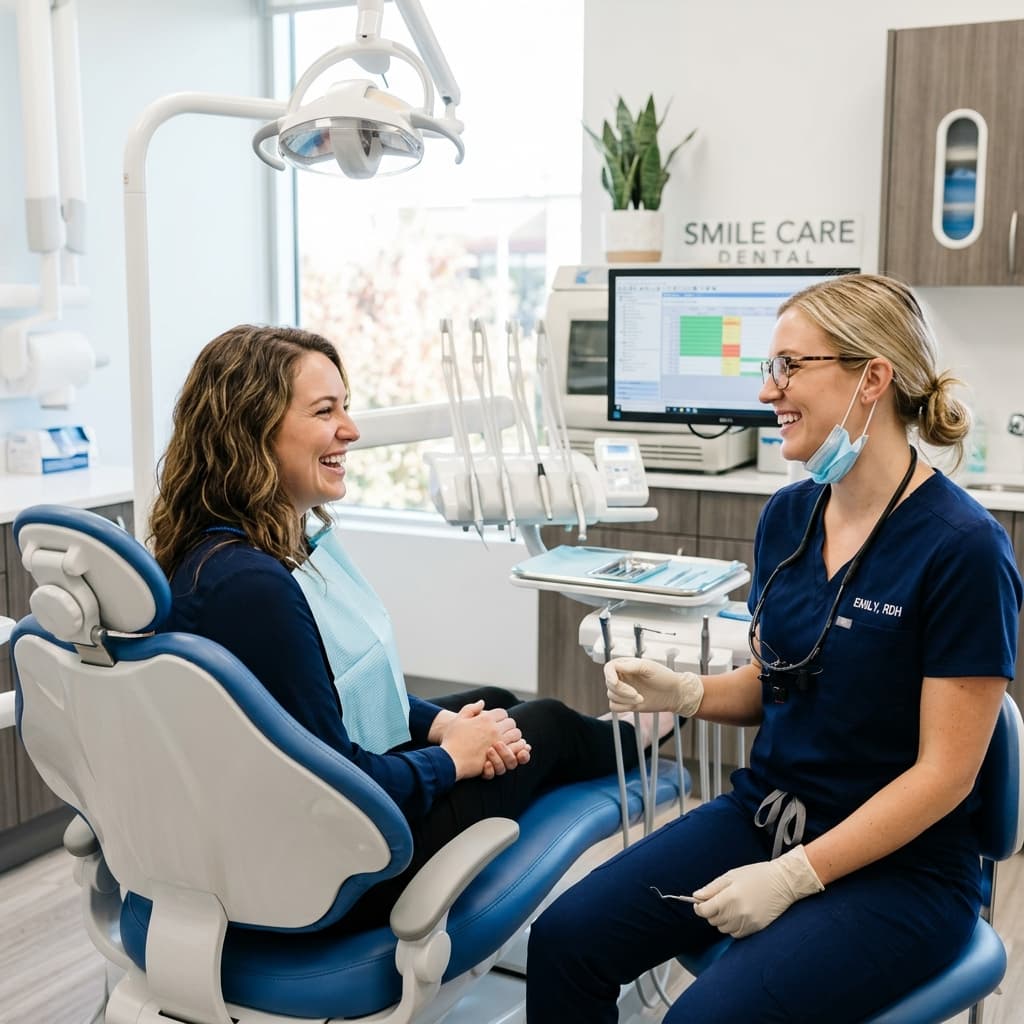 Dental hygienist talking with a smiling patient in the treatment chair