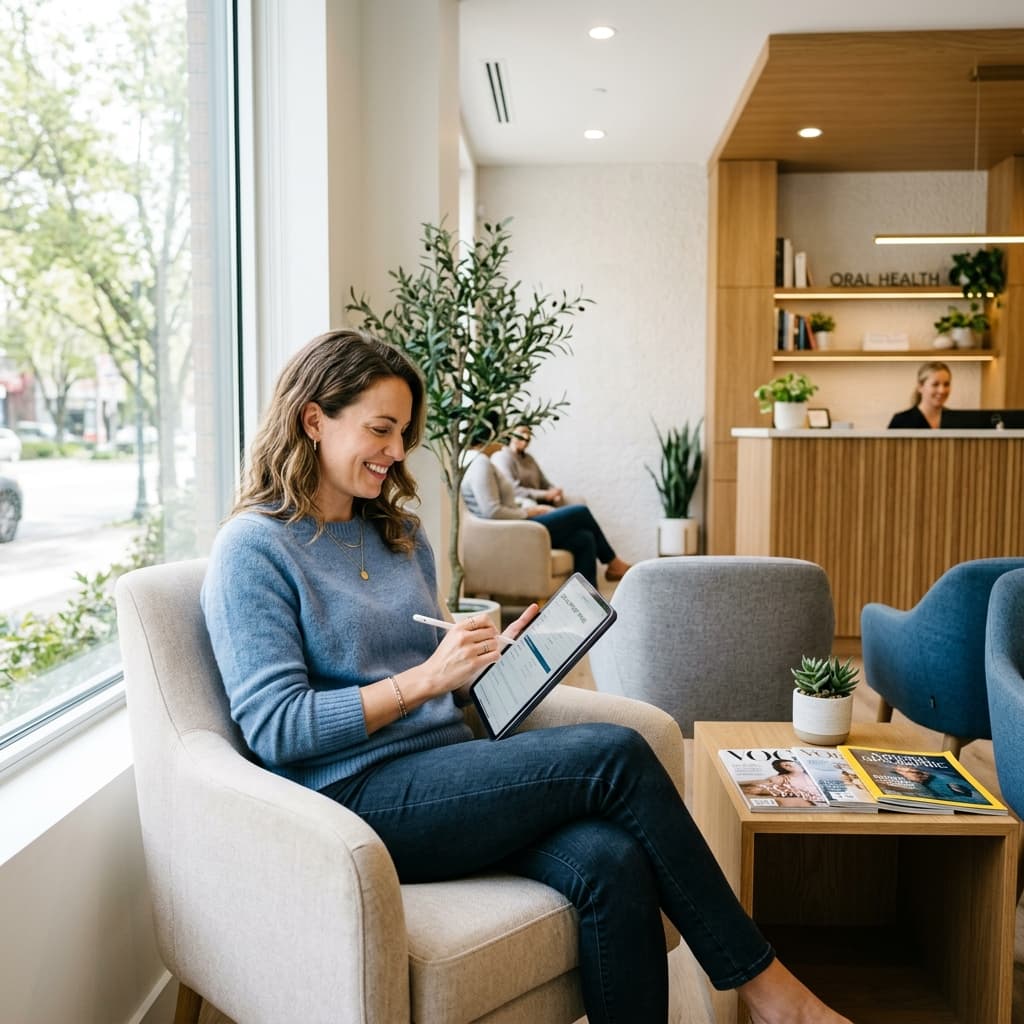 Patient relaxing in a dental waiting room and filling in a form on a tablet