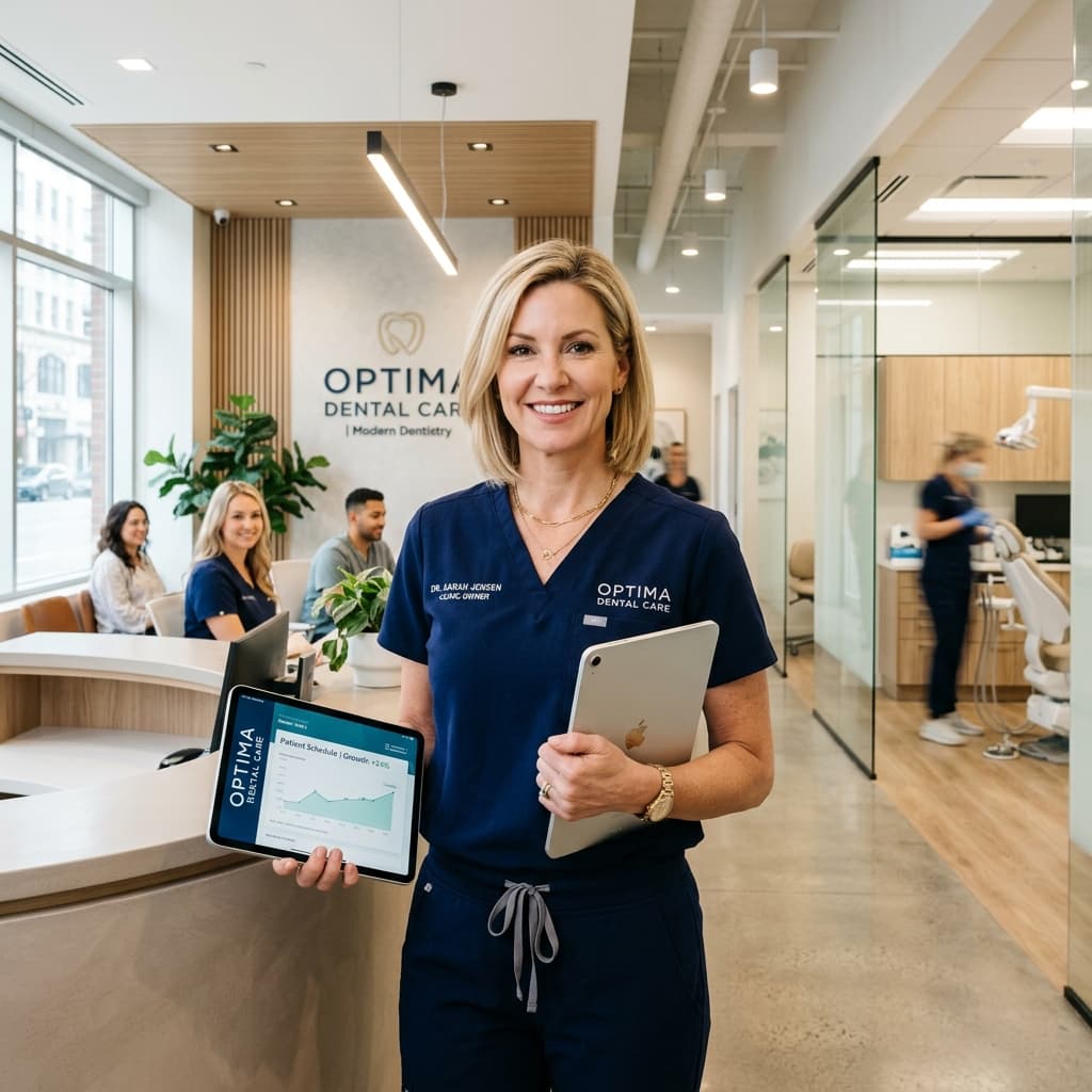 Dental practice owner holding tablets with performance charts at the front desk