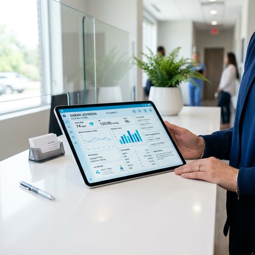 Tablet on a front desk showing a patient's coverage dashboard