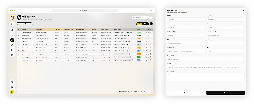 IntelliHire Create Job Post ? define role, department, location, and required skills interface