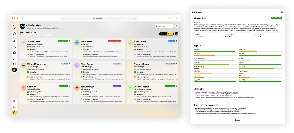 IntelliHire Evaluate Results ? structured evaluation report with AI scores and competency breakdown